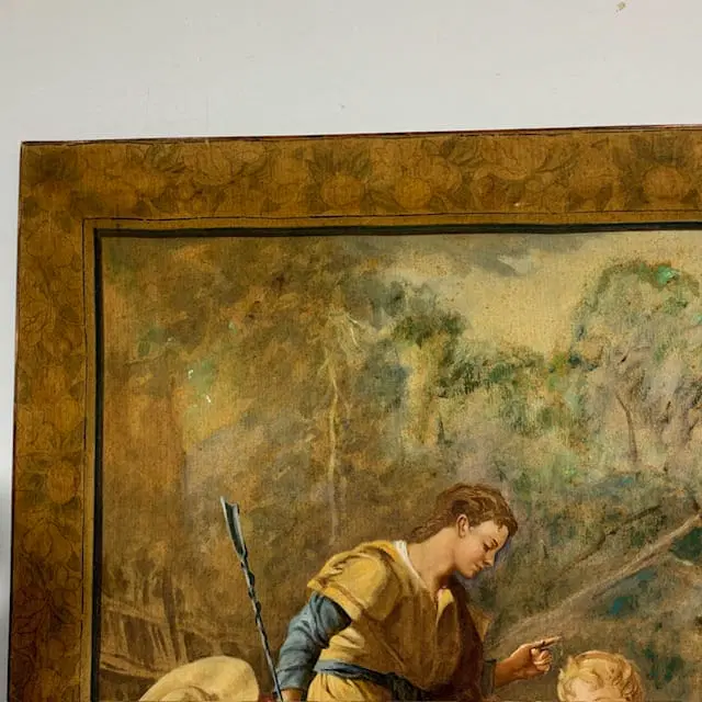 Antico grande succo erba XIX secolo dipinto su tela . Scena galante - immagine 8