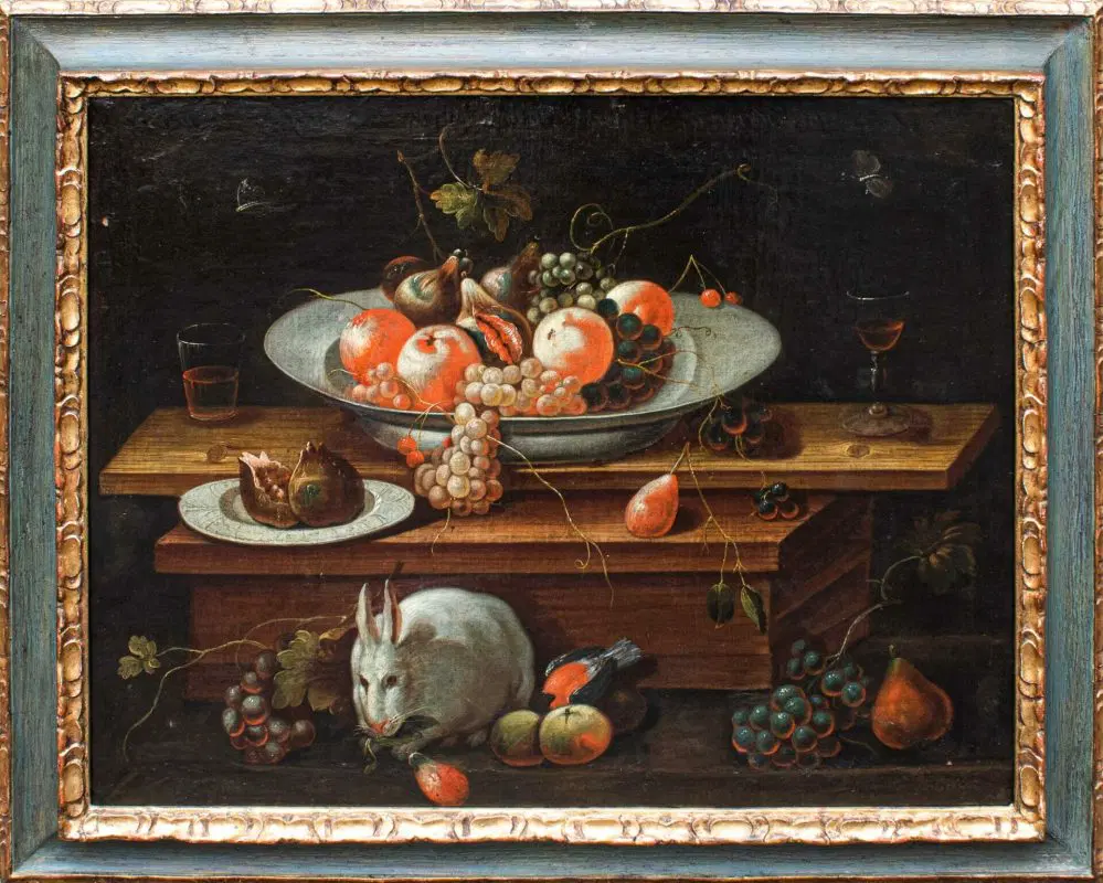 Natura Morta con coniglio, frutti e bicchieri di vetro, XVIII secolo