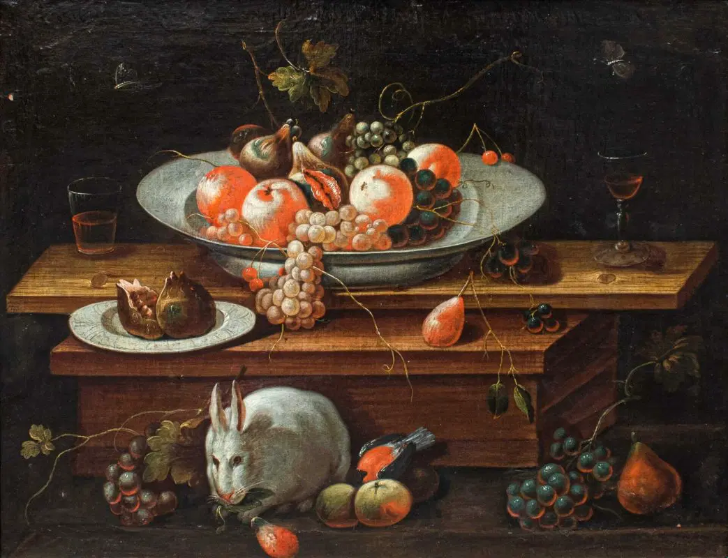 Natura Morta con coniglio, frutti e bicchieri di vetro, XVIII secolo - immagine 8