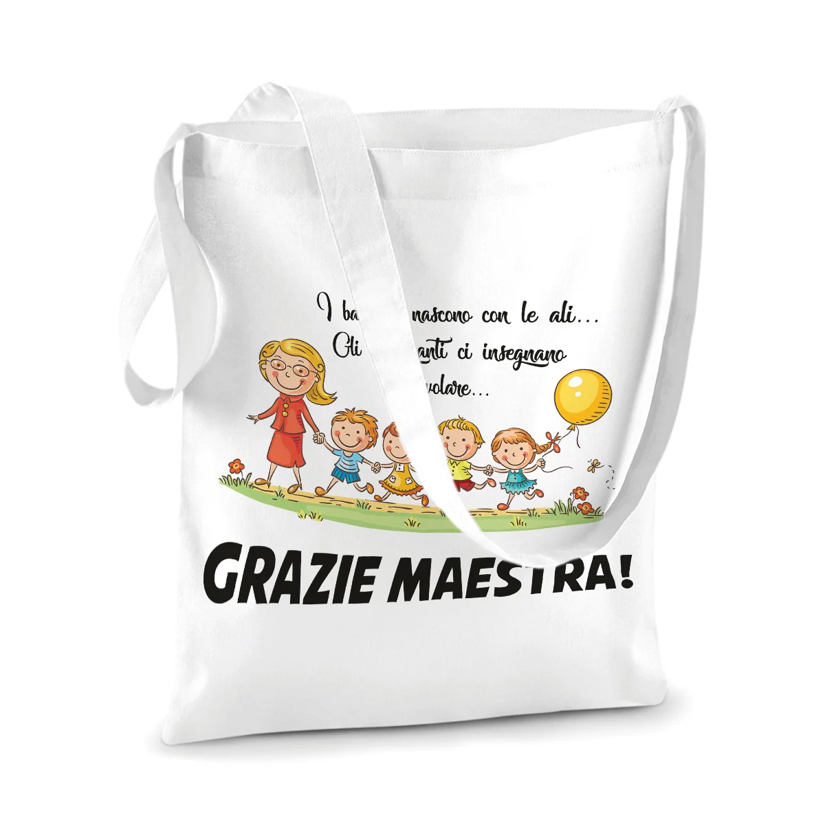 Shopping bag Maestra – i bambini nascono con le ali le insegnanti ci insegnano a volare – grazie maestra – idea regalo – dimensioni 40×40 cm - immagine 2