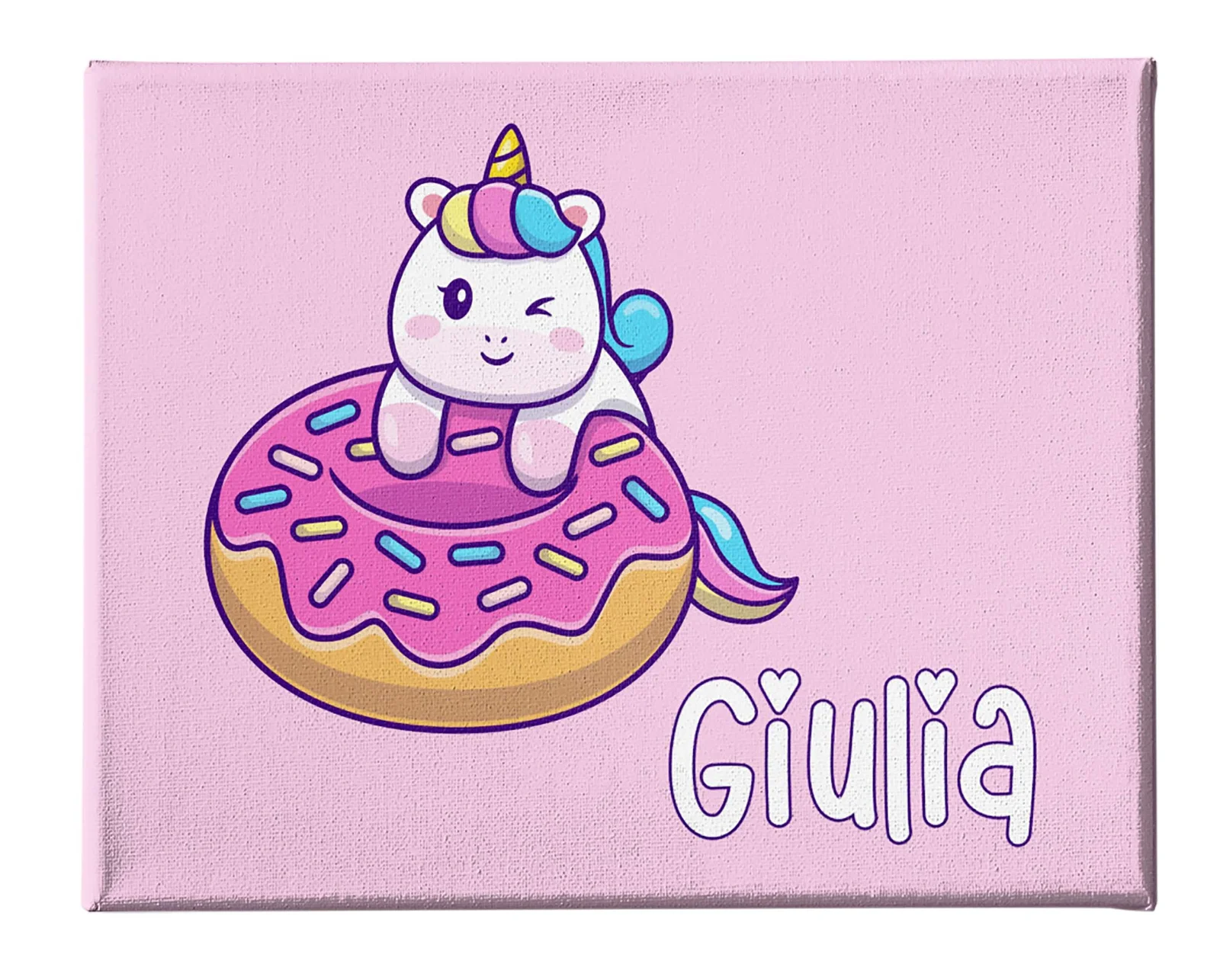 Quadro Tela Pittorica Canvas PERSONALIZZABILE col nome della tua bimba – Unicorno Donut – Disponibile nei formati 50×70 cm e 35×50 cm