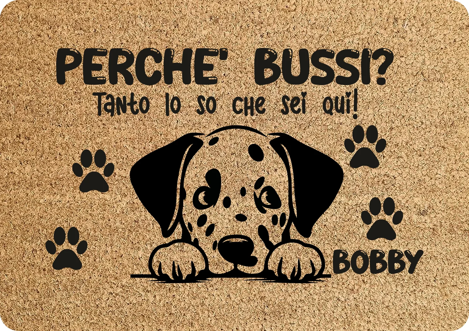 Tappeto PERSONALIZZATO con nome cane divertente Dalmata Perchè bussi? Zerbino in poliestere 60×40 cm