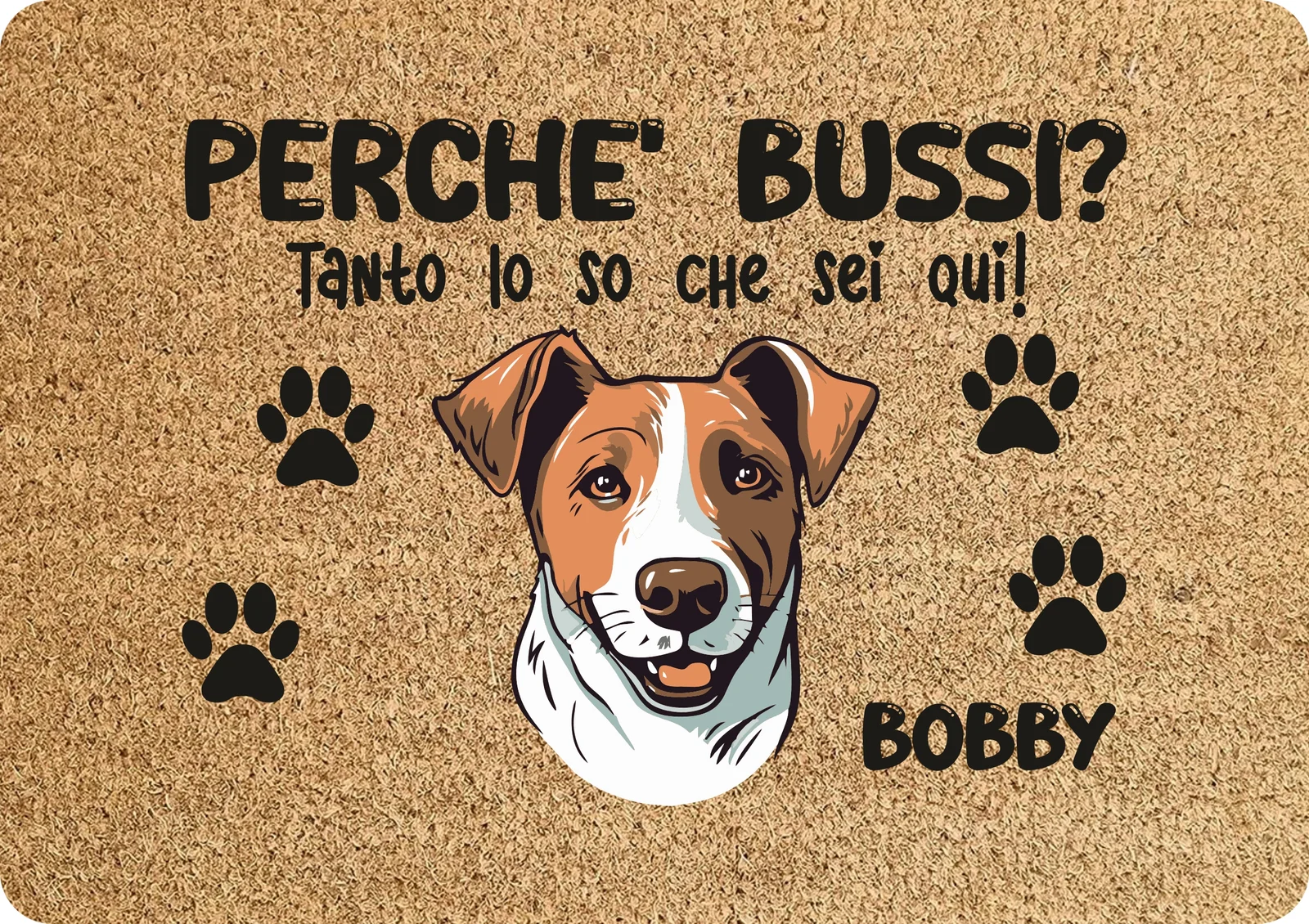 Tappeto PERSONALIZZATO con nome cane divertente Jack Russell Perchè bussi? Zerbino in poliestere 60×40 cm
