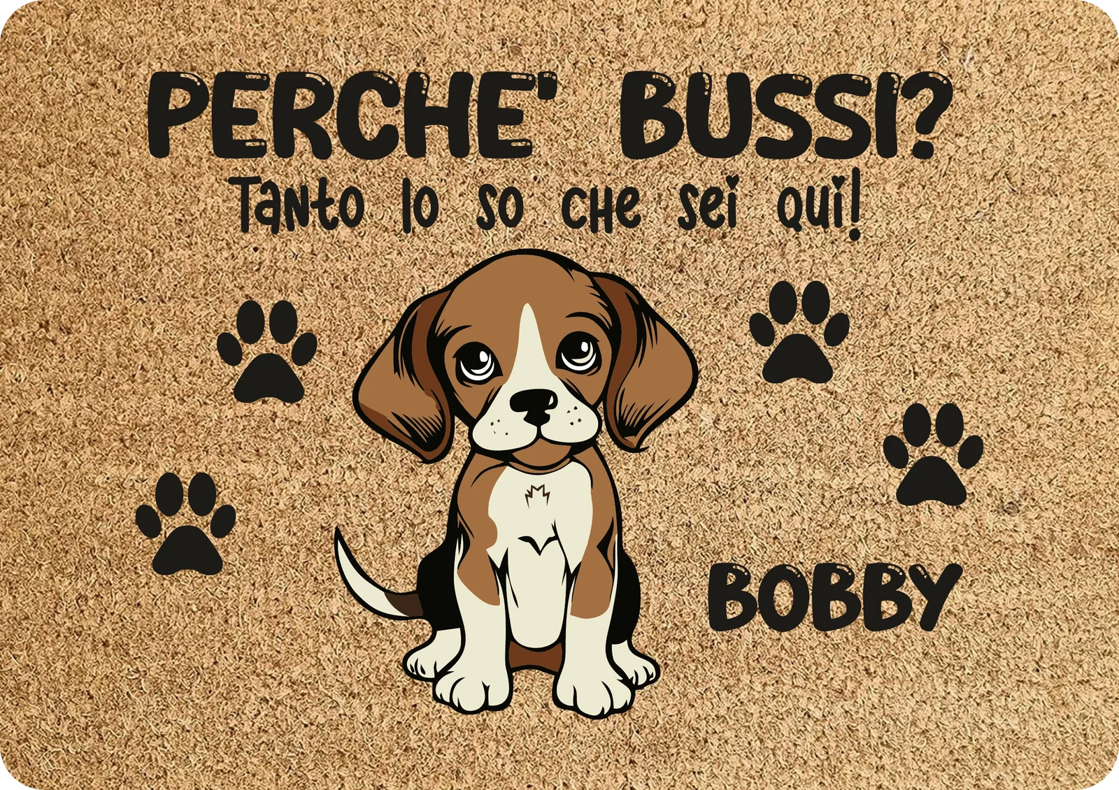 Tappeto PERSONALIZZATO con nome cane divertente Beagle Perchè bussi? Zerbino in poliestere 60×40 cm