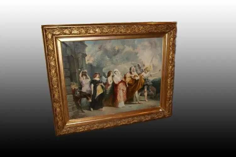 Stupendo olio su tela “L’entrata della Vergine Maria E San Giuseppe a Betlemme” F. Maury (1861-1933)