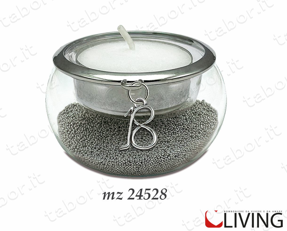 Bomboniera portacandela vetro con perline argento ciondolo 18