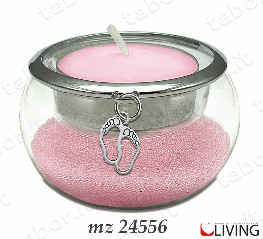 Bomboniera portacandela vetro con perline rosa ciondolo piedini