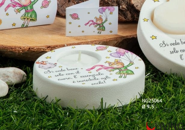 Bomboniera portacandele albero con bimba palloncini in polvere i marmo di Carrara