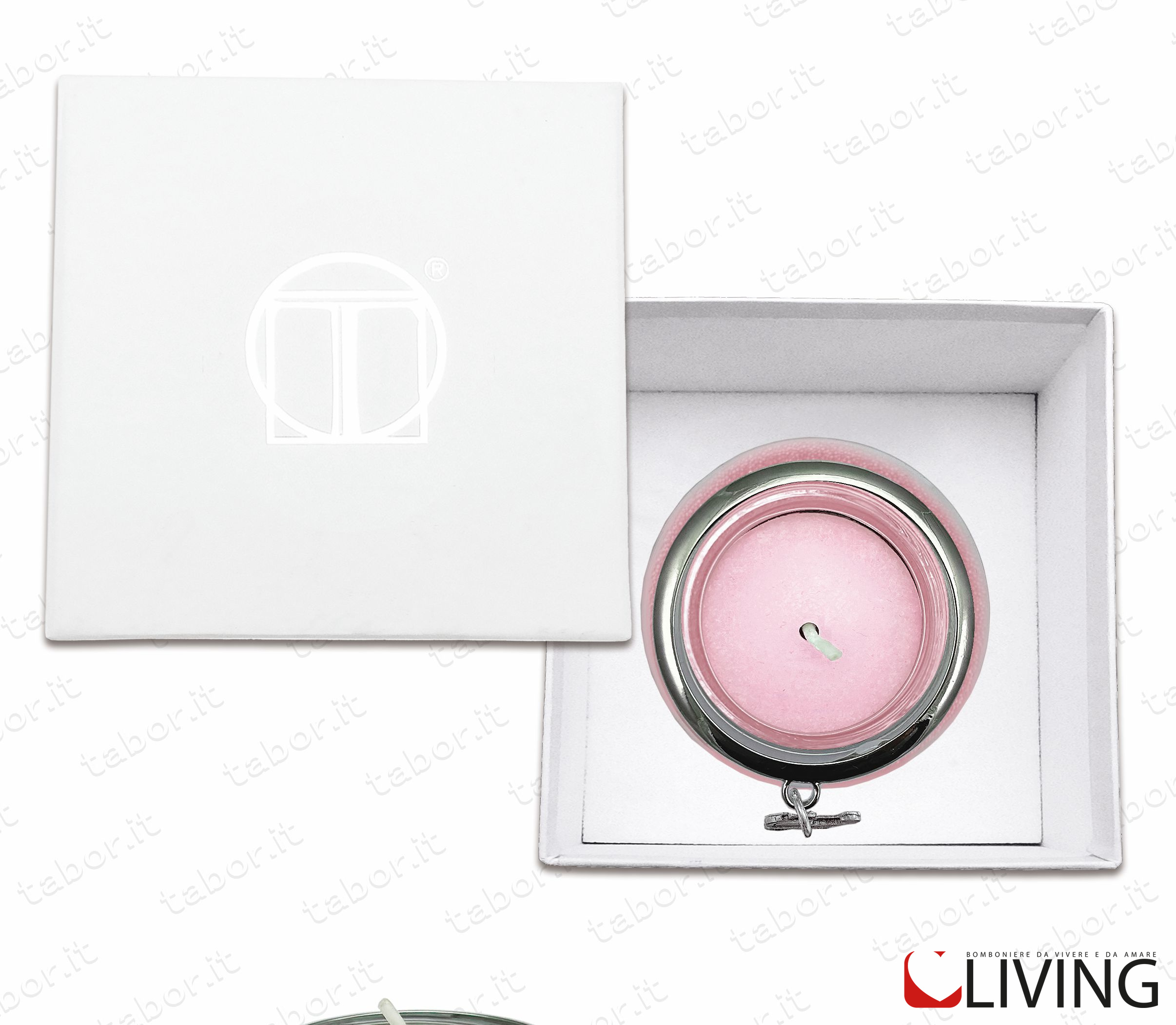 Bomboniera portacandela vetro con perline rosa ciondolo piedini - immagine 2