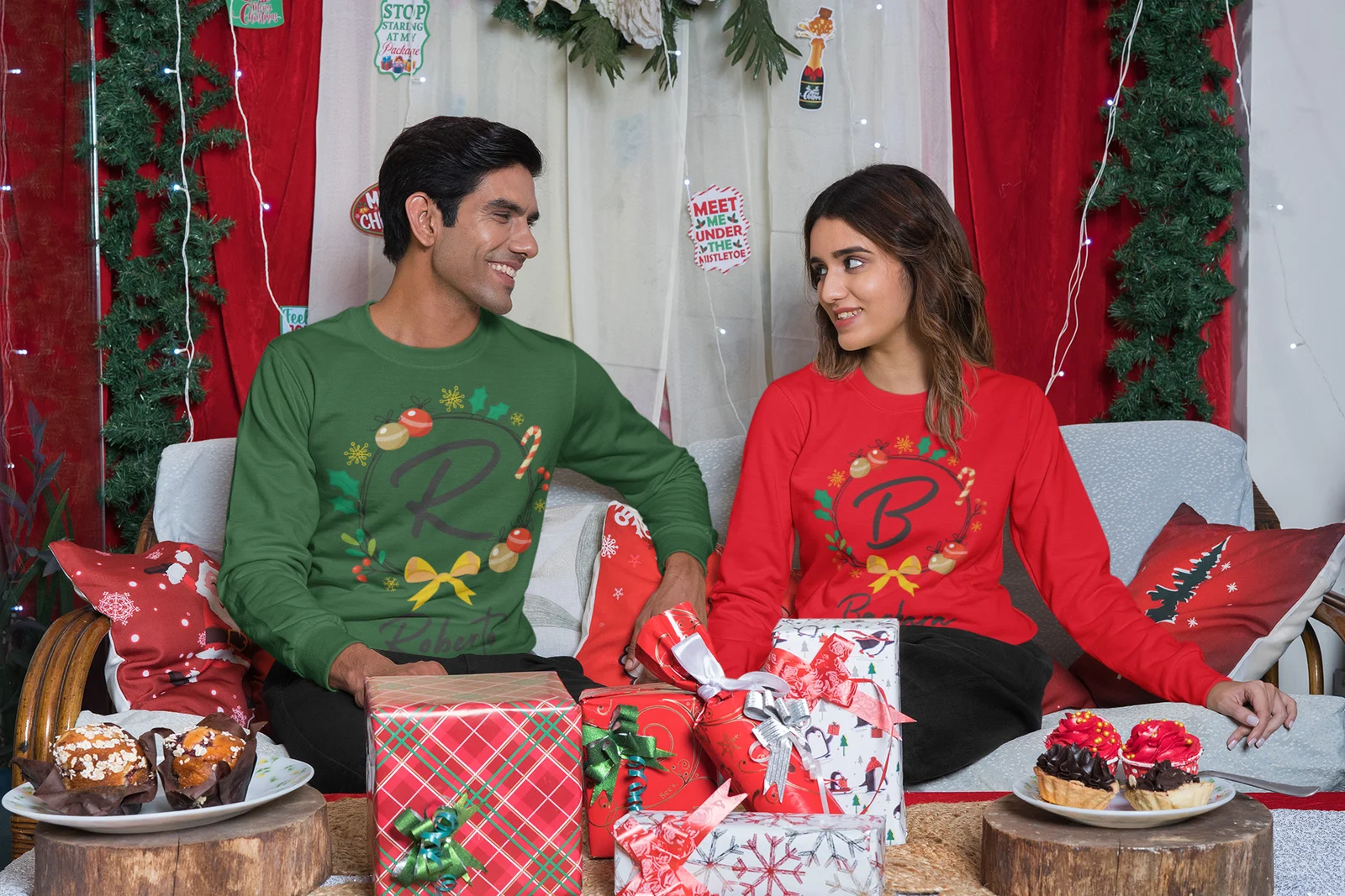 Coppia di Felpe Natale Girocollo PERSONALIZZABILI CON INIZIALE E NOME divertenti idea regalo natale Unisex - immagine 5