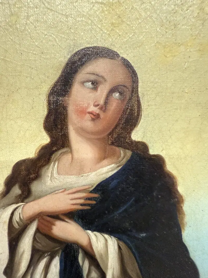 Antico dipinto olio su tela Immacolata concezione, 104×59 cm, scuola italiana XIX sec - immagine 4