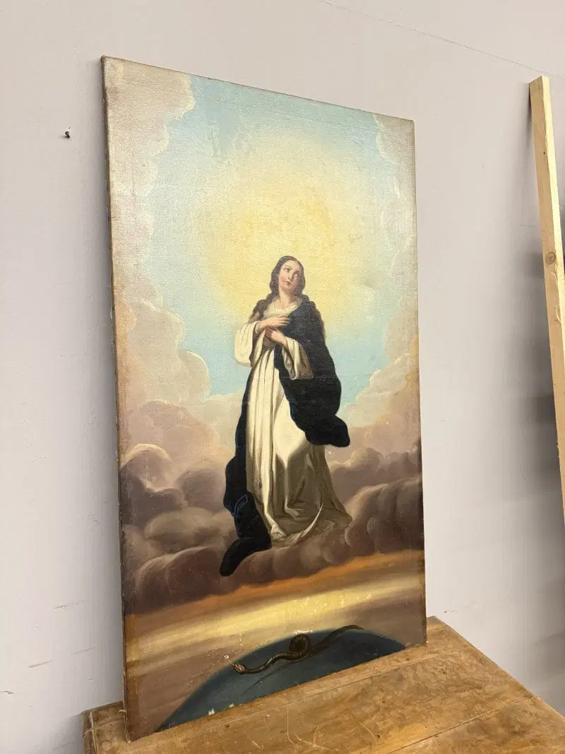 Antico dipinto olio su tela Immacolata concezione, 104×59 cm, scuola italiana XIX sec - immagine 8