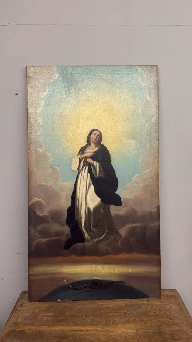 Antico dipinto olio su tela Immacolata concezione, 104×59 cm, scuola italiana XIX sec - immagine 9