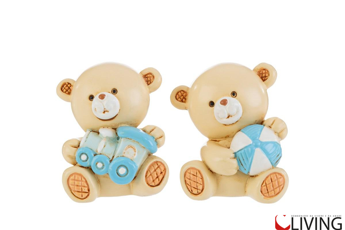 Bomboniera orsetto celeste con trenino e pallone