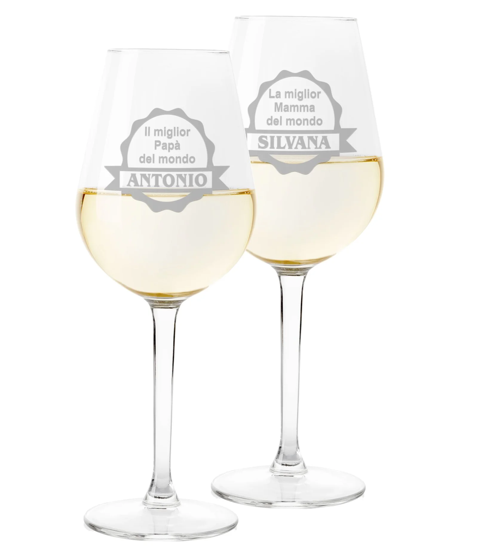 Coppia Calici Personalizzati Set da 2 calici vino personalizzati con nome Mamma Papà migliore al mondo – bicchiere in vetro 500 ml