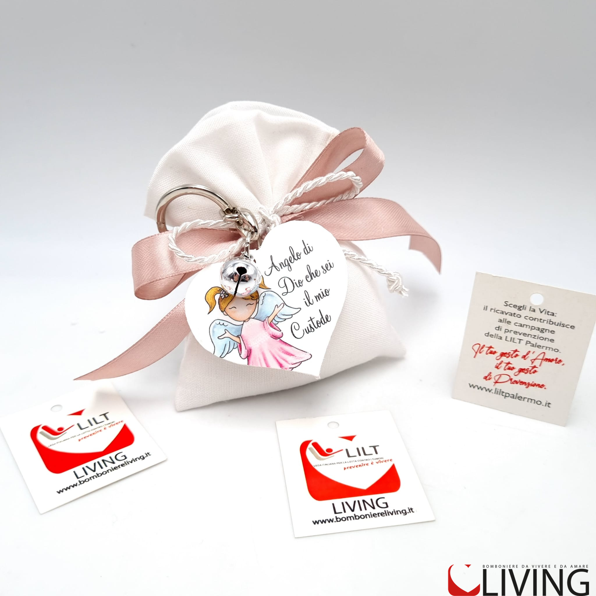 Bomboniera linea solidale LILT-LIVING sacchetto con portachiavi angelo bimba