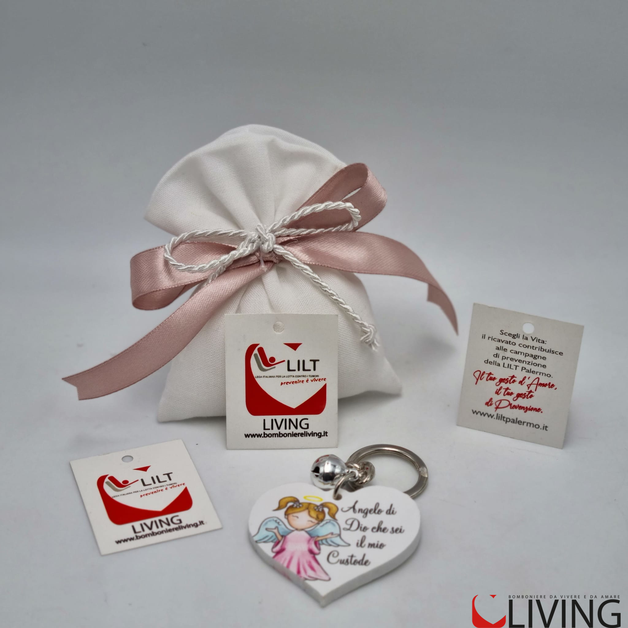 Bomboniera linea solidale LILT-LIVING sacchetto con portachiavi angelo bimba - immagine 3