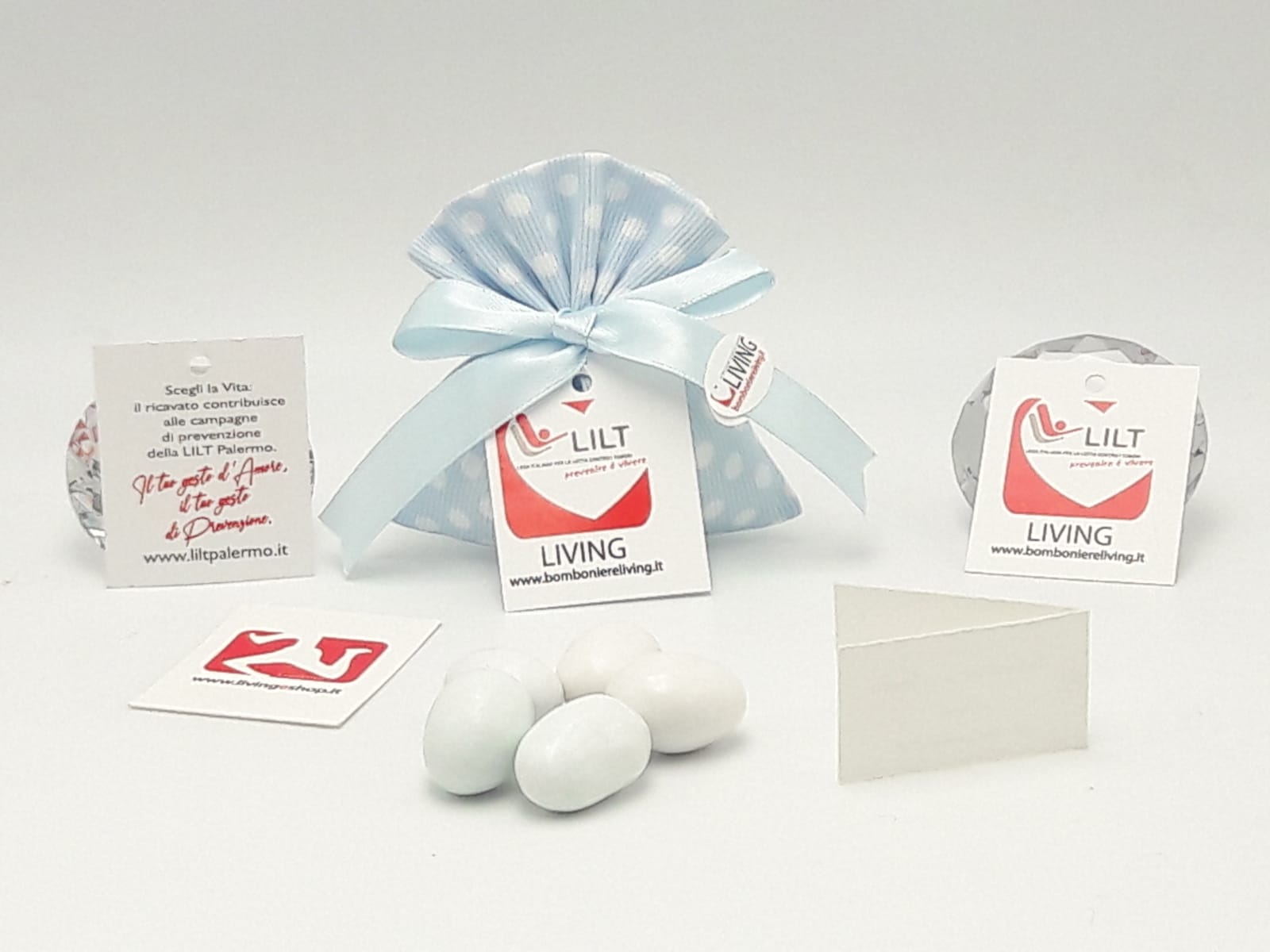 Bomboniera Solidale LILT-LIVING sacchetto porta confetti pois celeste