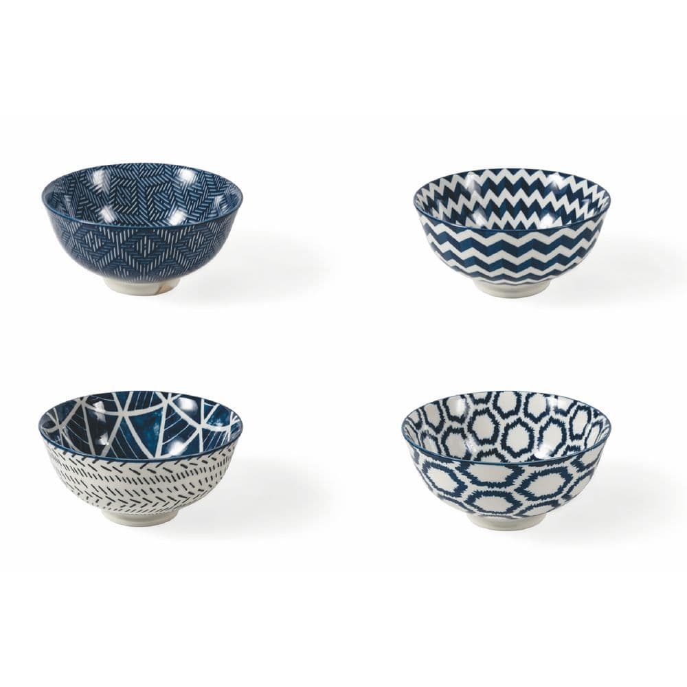 Villa d’Este set 4 ciotole in gres smaltato decorazione tribale blu bianca